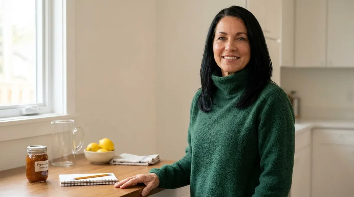 Clara Whitfield standing at her kitchen counter